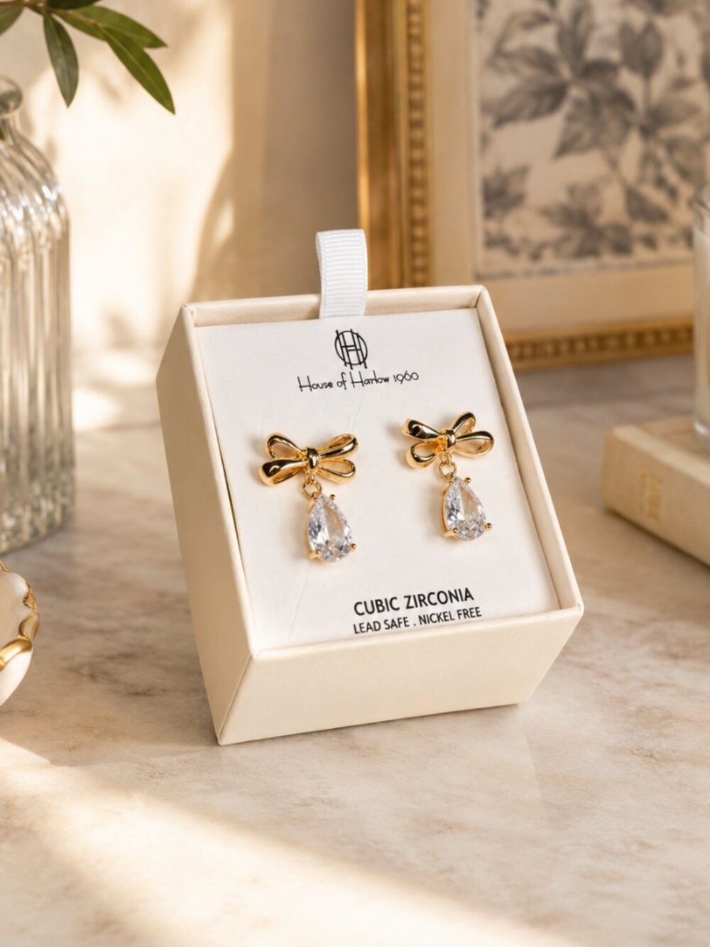 House of Harlow 1960 Gold Bow CZ Drop Earrings Gift Box NWT
